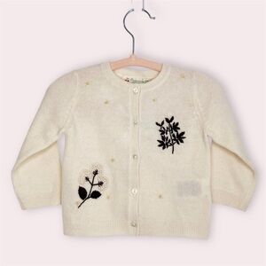 NWT Bonpoint cardigan sweater ivory wool black floral embroidery size 12 months